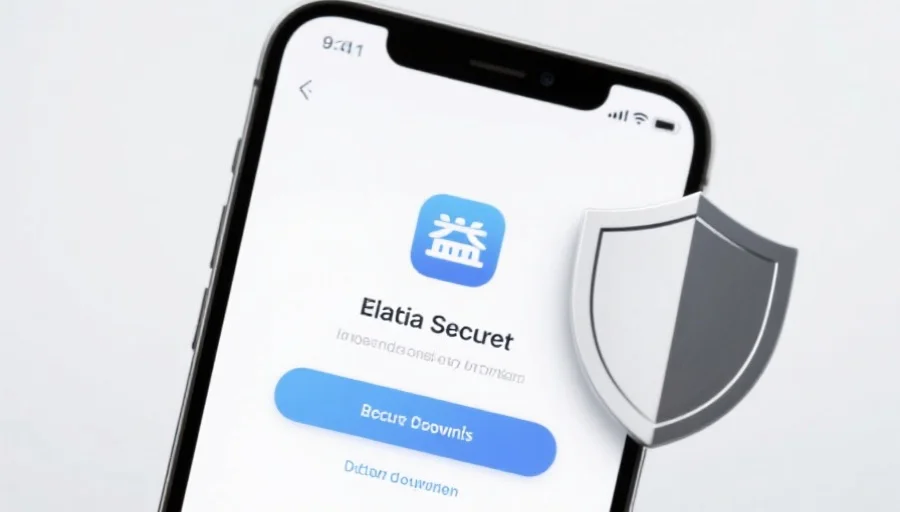 一部现代智能手机屏幕上显示蓝狮应用的安全下载界面，旁边有安全盾牌图标，背景简洁