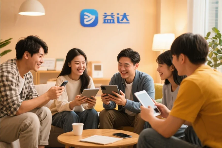 一群年轻用户围坐在一起，使用平板和手机愉快地交流，背景温馨现代，象征蓝狮应用的社区活跃氛围